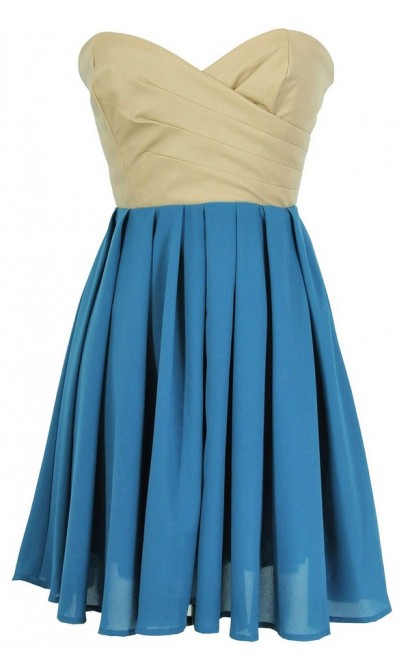 Leatherette and Chiffon Strapless Dress in Teal/Beige